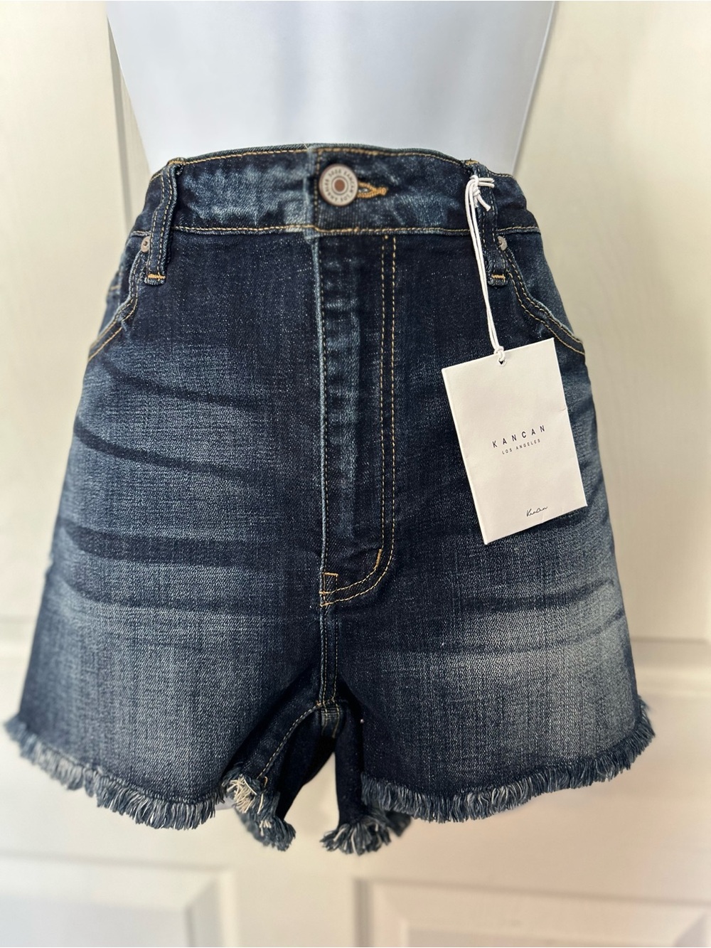 KanCan Dark Blue Frayed Hem High-Waist Denim Shorts
